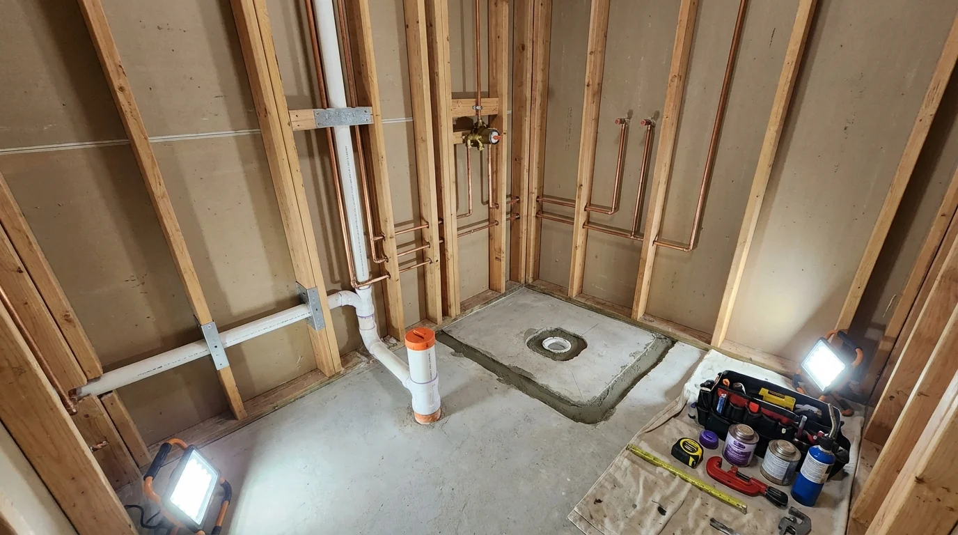 Bathroom rough-in plumbing during remodel by Johns Plumbing LLC in Pitcairn