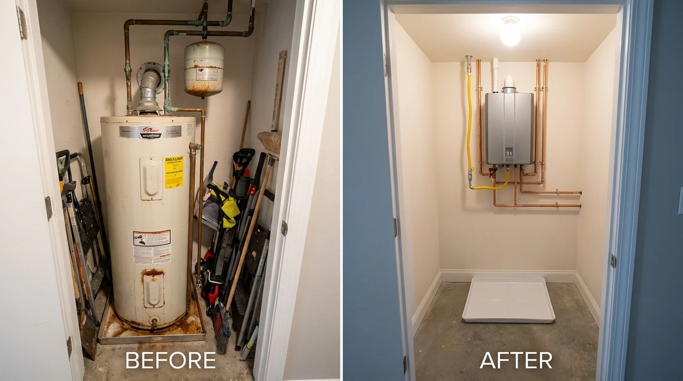 Tank water heater versus wall-mounted tankless unit comparison for Pitcairn, PA homeowners