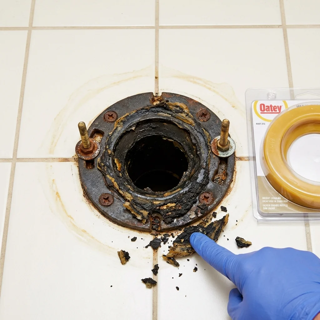 Failed wax ring showing water seepage at the base of a toilet in a Pitcairn, PA home