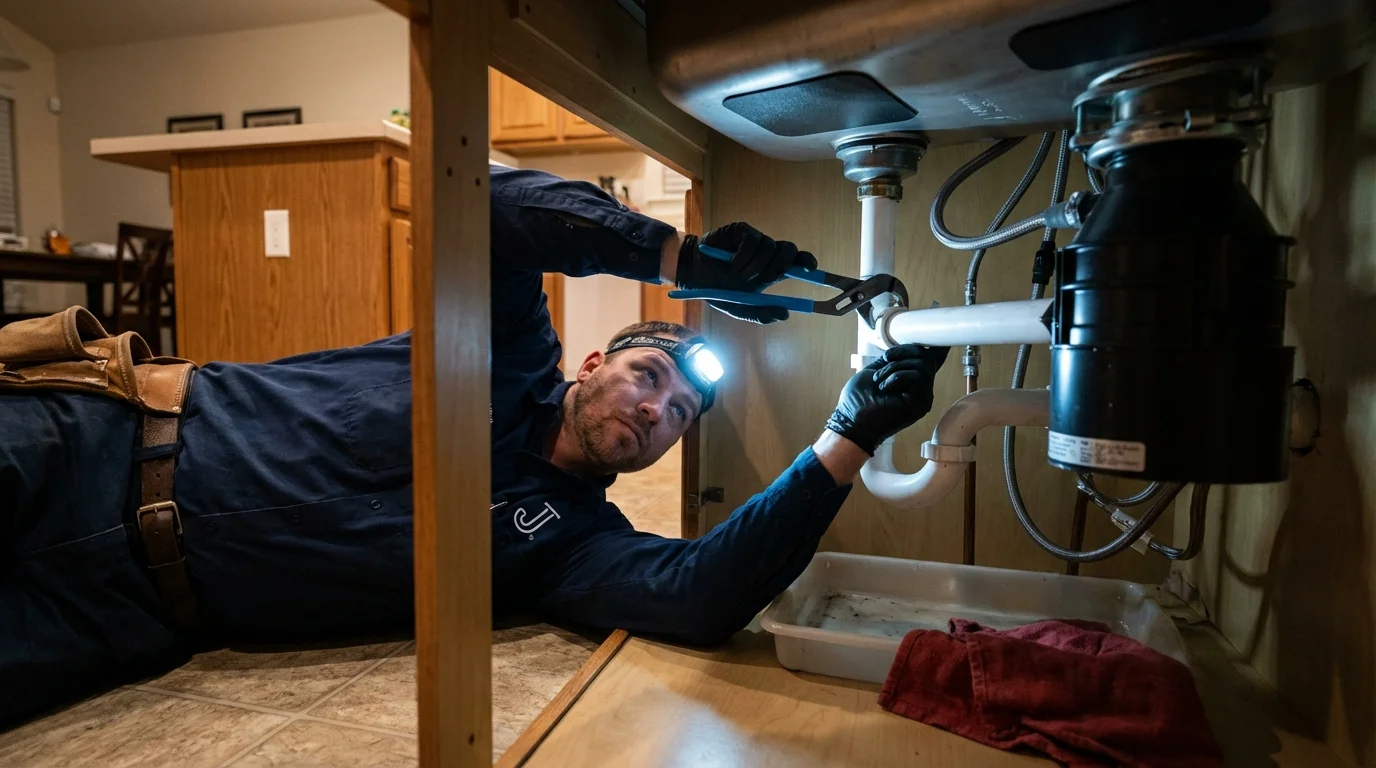 P-trap and supply line connections under a kitchen sink showing a common leak point in Pitcairn, PA
